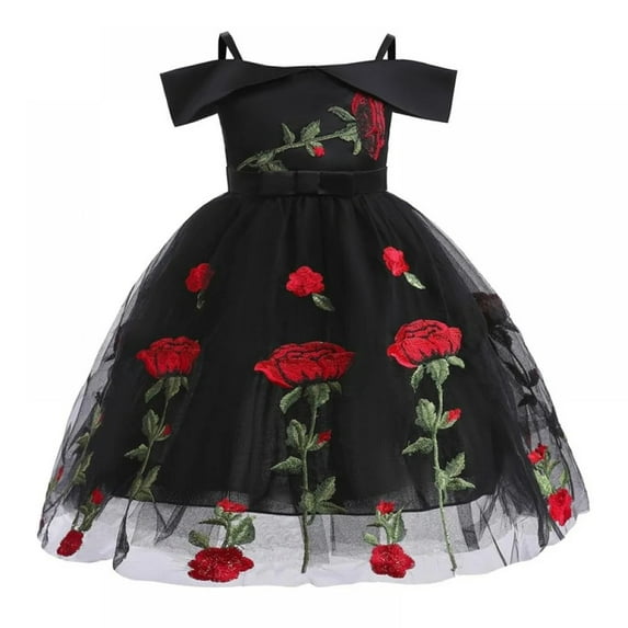 XBASW Kids Toddler Girls off Shoulder Princess Dress Rose Embroidered Tulle Dress for 3-9 Years Old Summer Flower Girl Party Gown