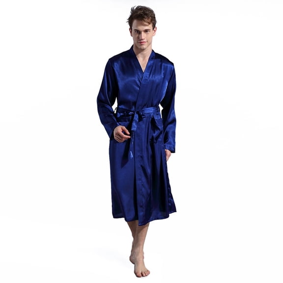 XBASW Men's Long Sleeve Robe Satin Kimono Night- Robe Lightweight Silk Bathrobe Pajamas for Mens Size S -XXL