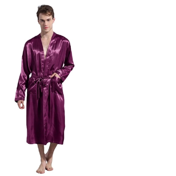 XBASW Men's Long Sleeve Robe Satin Kimono Night- Robe Lightweight Silk Bathrobe Pajamas for Mens Size S -XXL