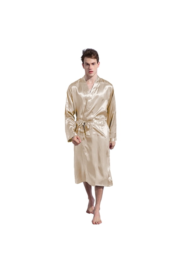 Men's Long Sleeve Robe Satin Kimono Night- Robe Lightweight Silk Bathrobe Pajamas for Mens Size S -XXL