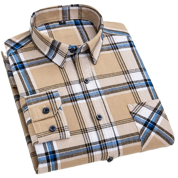 XBASW Men's Plaid Button down Shirts Cotton Brushed Dress Shirts Long Sleeve Slim Blouses for Spring Fall S-XL