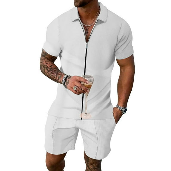 XBASW Men's Waffle T Shirt and Shors Set Summer Short Sleeve Zipper Lapel Tee Short Sleeve 2 Piece Tracksuit Outfits for Men M- 3 XL