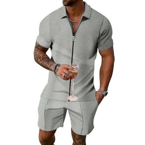 XBASW Men's Waffle T Shirt and Shors Set Summer Short Sleeve Zipper Lapel Tee Short Sleeve 2 Piece Tracksuit Outfits for Men M- 3 XL