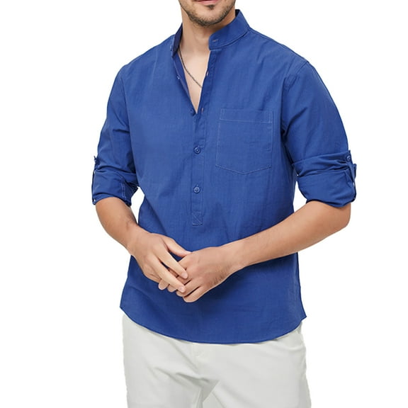 XBASW Mens Cotton Shirts Mens Button up Stand-Up Collar Shirts Spring Summer Long Sleeve Henley Shirts for Men S -3XL