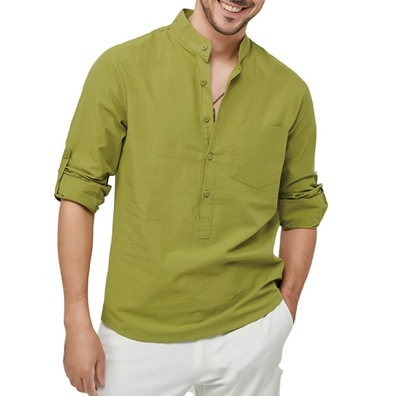 XBASW Mens Cotton Shirts Mens Button up Stand-Up Collar Shirts Spring Summer Long Sleeve Henley Shirts for Men S -3XL