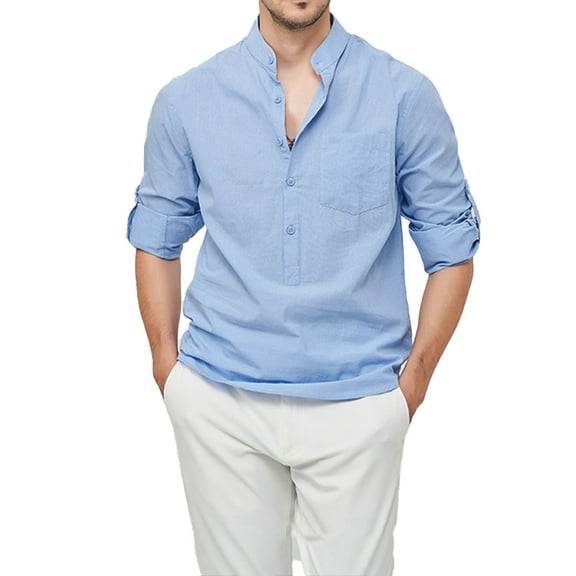 XBASW Mens Cotton Shirts Mens Button up Stand-Up Collar Shirts Spring Summer Long Sleeve Henley Shirts for Men S -3XL