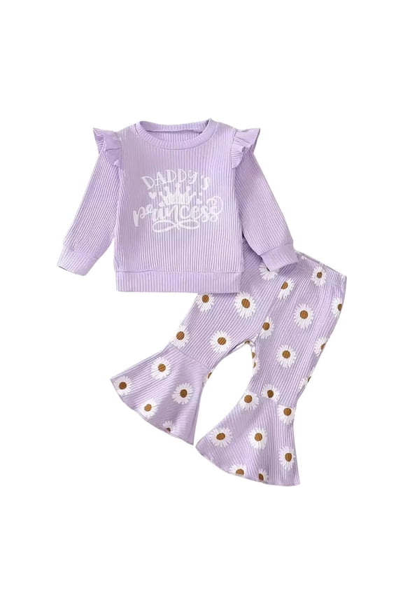 Newborn Baby Girls Flare Pants 2PCS Outfit Ruffle Letter Printed Sweatshirts Bell Bottoms Girls Cute Spring Fall Set 3M-3T