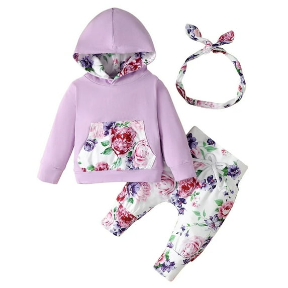 XBASW Newborn Baby Girls Sweatsuit Outfit Long Sleeve Hoodie Sweatshirt + Floral Jogger Pants with Headband Fall Winter 3PCS Set for 0-24 Months