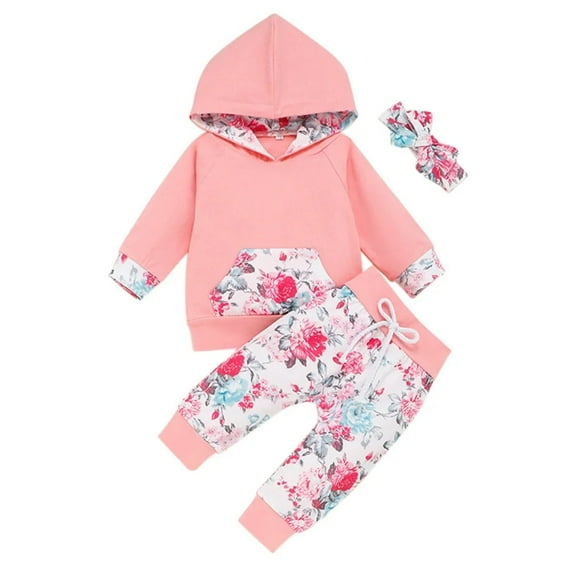 XBASW Newborn Baby Girls Sweatsuit Outfit Long Sleeve Hoodie Sweatshirt + Floral Jogger Pants with Headband Fall Winter 3PCS Set for 0-24 Months