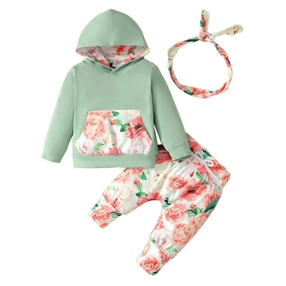 XBASW Newborn Baby Girls Sweatsuit Outfit Long Sleeve Hoodie Sweatshirt + Floral Jogger Pants with Headband Fall Winter 3PCS Set for 0-24 Months