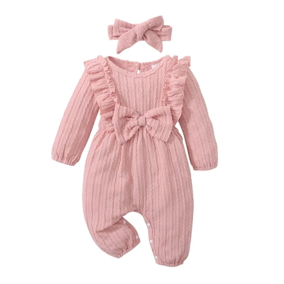 XBASW Newborn Girls Jumpsuit with Headband Baby Long Sleeve Romper Ruffled Collar Onesies Infant Spring Fall Winter Bodysuit Clothing 0-18M