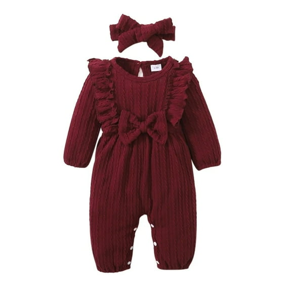 XBASW Newborn Girls Jumpsuit with Headband Baby Long Sleeve Romper Ruffled Collar Onesies Infant Spring Fall Winter Bodysuit Clothing 0-18M