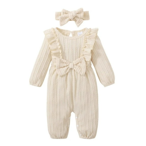 XBASW Newborn Girls Jumpsuit with Headband Baby Long Sleeve Romper Ruffled Collar Onesies Infant Spring Fall Winter Bodysuit Clothing 0-18M