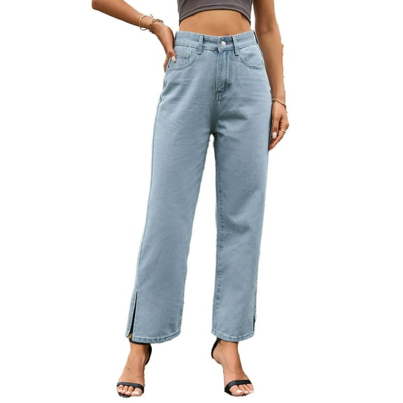 XBASW Straight Jeans Pants for Womens Mid-Waist Denim Pants Womens Summer Washed Open Loose Wide Leg Trousers S-XXL