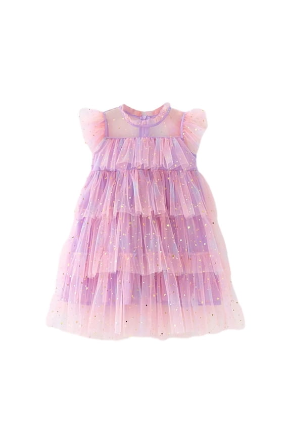Toddler Baby Girl Stutu Tulle Princess Dresses Sequin Mesh Dress Kids Summer Fly Sleeve Rainbow Sundress 2-9T