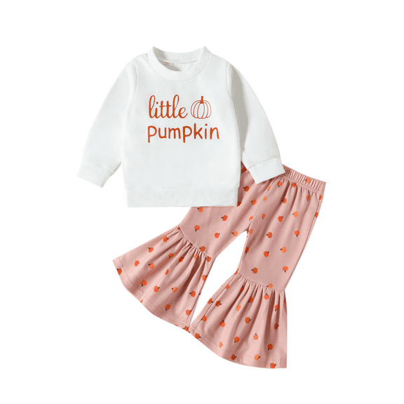 XBASW Toddler Baby Girls Flared Pants Outfit Spring Fall Pullover Sweatshirt Top   Bell Bottoms Pumpkin Alphabet Print Set Size 3M-4T