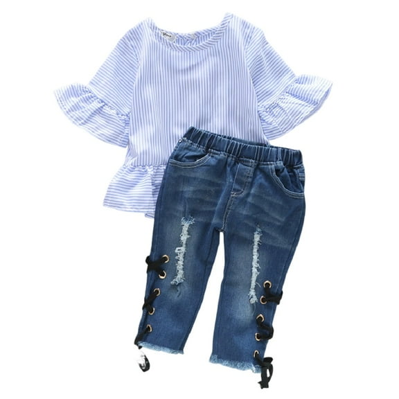 XBASW Toddler Baby Girls Jeans Outfit Half Sleeve Blue Stripe Shirt   Ripped Denim Pants Spring Summer Casual Set for 6M-5T