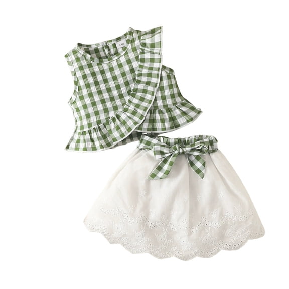 XBASW Toddler Baby Girls Skirt Set Plaid Ruffle Sleeve Top Bowknot Embroidered Skirt Summer 2PCS Outfit Size 3-24M