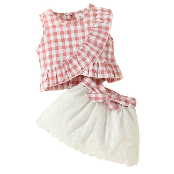 XBASW Toddler Baby Girls Skirt Set Plaid Ruffle Sleeve Top   Bowknot Embroidered Skirt Summer 2PCS Outfit Size 3-24M