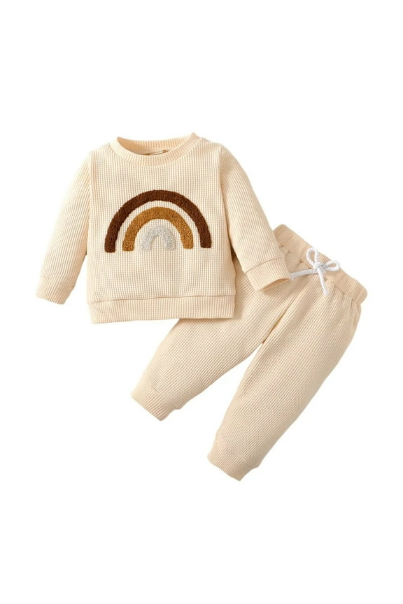 Toddler Baby Waffle Sweatshirt Sweatpants 2-Piece Set for Boys Girls Spring Fall Long-Sleeve Rainbow Printed Sweatsuit Outfit 0-24 Months