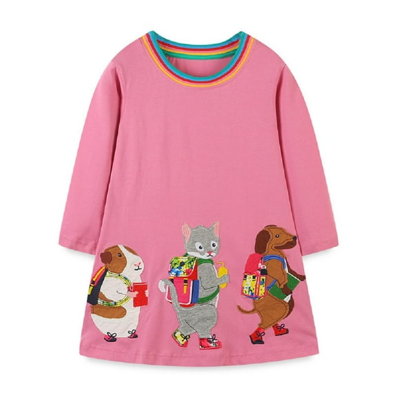 XBASW Toddler Girls Cartoon Embroidery Dress for Kids Long Sleeve Casual Dress Cotton Sundress Spring Fall Clothes for 2-7 Years
