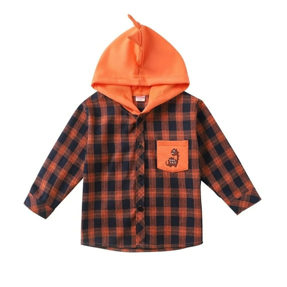 XBASW Toddler Kids Baby Boys Plaid Shirts Spring Fall Hoodie Tops Cartoon Dinosaur Blouses Jacket for 1-6 Years