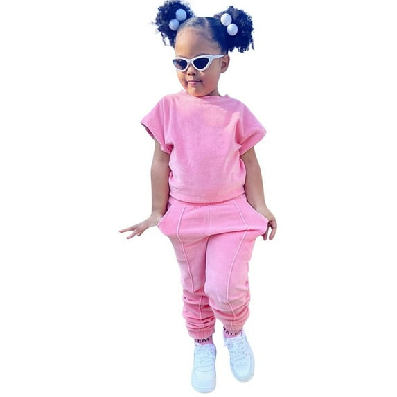 XBASW Toddler Kids Baby Girls Sweatsuits 2 Piece Outfits Short Sleeve T Shirt Tops + Jogger Pants Summer Solid Color Tracksuit Set for 1- 9 Years