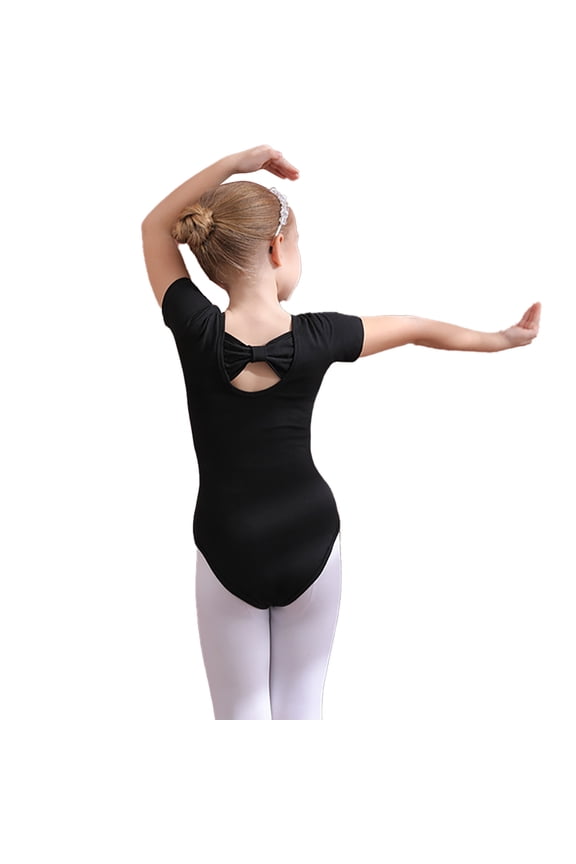 Toddler Kids Ballet Leotards for Girls Solid Color Gymnastics Short Sleeve Dance Biketards Outfits with Bow Back 3-11T