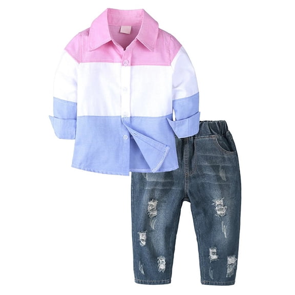 XBASW Toddler Kids Boys Long Sleeve Lapel Collar Shirt   Ripped Jeans Pants 2PCS Outfit Baby Boys Spring Fall Cotton Casual Set for 1-7 Years