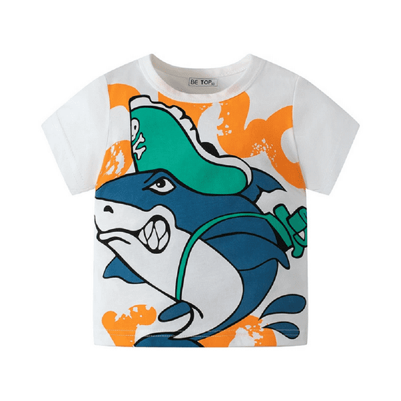 XBASW Toddler Kids Boys Short Sleeved T-Shirt Shark Printed Cotton Tees Crewneck Pullover Tops for Summer 1-6 Years Old