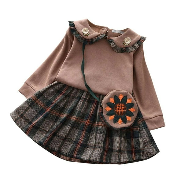 XBASW Toddler Kids Girl Spring Fall Skirt Outfits Lapel Small Flower Long Sleeve Sweatshirt   Plaid Mini Skirts   Sunflower Crossbody Bag 3PCS Set 3-8T