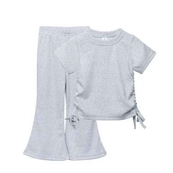 XBASW Toddler Kids Girl's T-Shirt Flare Leggings Two Piece Outfits Summer Short Sleeve Bowknot Tees Shirt Soild + Bell Bottom Flared Pants Sets 1-10Y