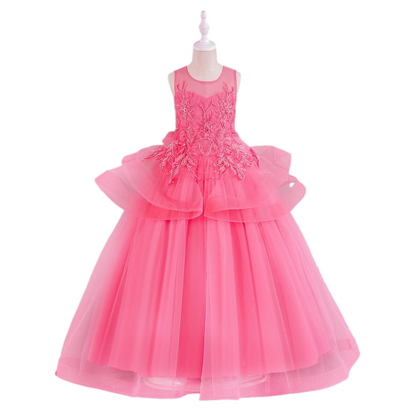 XBASW Toddler Kids Girls Tulle Tutu Princess Dress Flower Girl Sleeve Mesh Dress Girls Birthday Bridesmaid Performance Party Gown Dress for 5-12 Years