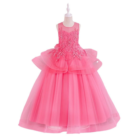 XBASW Toddler Kids Girls Tulle Tutu Princess Dress Flower Girl Sleeve Mesh Dress Girls Birthday Bridesmaid Performance Party Gown Dress for 5-12 Years