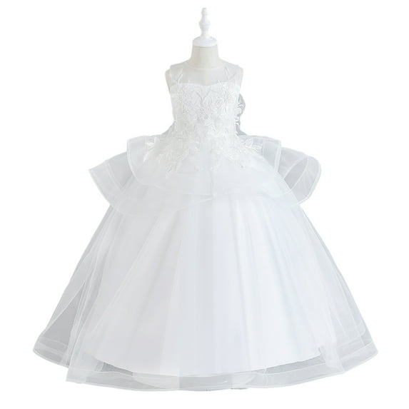 XBASW Toddler Kids Girls Tulle Tutu Princess Dress Flower Girl Sleeve Mesh Dress Girls Birthday Bridesmaid Performance Party Gown Dress for 5-12 Years
