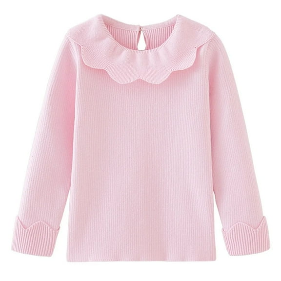 XBASW Toddler Kids Long Sleeves T-Shirt for Girls Solid Color Doll Collar Bottom Tops Spring Autumn Baby Ribbed Knit Pullover Tees for 1-6Y