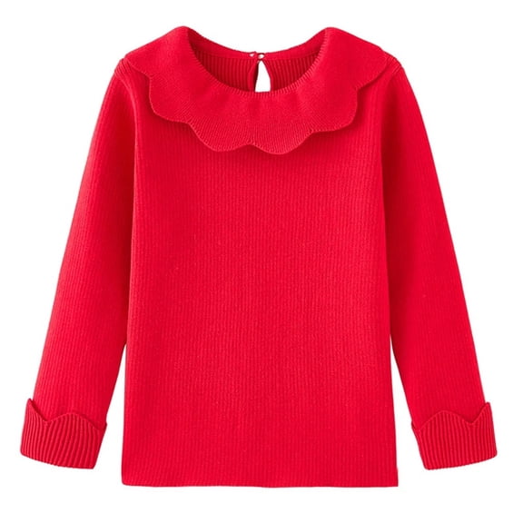 XBASW Toddler Kids Long Sleeves T-Shirt for Girls Solid Color Doll Collar Bottom Tops Spring Autumn Baby Ribbed Knit Pullover Tees for 1-6Y