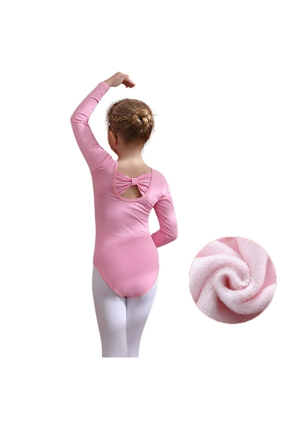 Toddler Winter Fleece Leotards for Girls Long Sleeve Gymnastic Bow Tie Back Ballet Dance Outfits for Kids Size 3-11Y