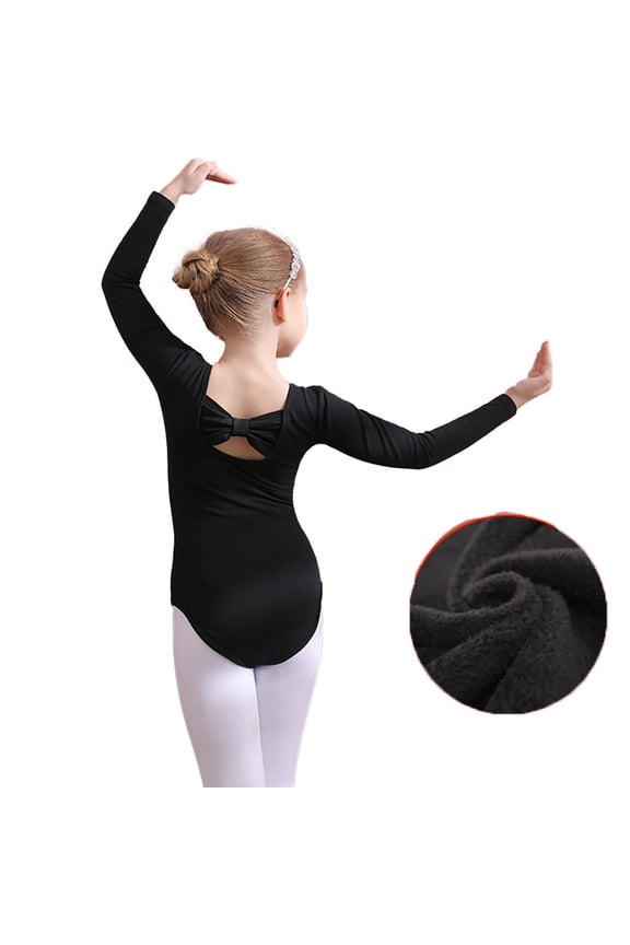 Toddler Winter Fleece Leotards for Girls Long Sleeve Gymnastic Bow Tie Back Ballet Dance Outfits for Kids Size 3-11Y