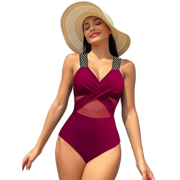 XBASW Women One Piece Swimsuits V Neck Bikini Bathing Suit with Mesh Webbing Strap Solid Color Swimwear S-XXL