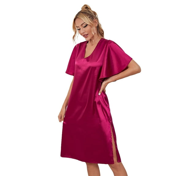 XBASW Women Satin Nightgowns Short Sleeve Ice Silk Sleepwear V Neck Pajamas Dresses Summer Nightdress S-XL
