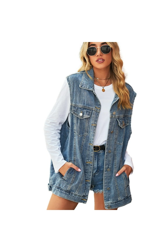 Women's Denim Vest Oversized Casual Waistcoat Classic Button Jeans Sleeveless Jacket for Spring Summer XS- XL