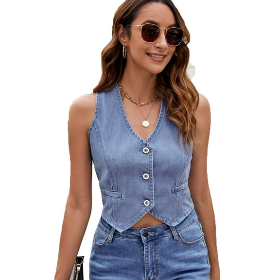 XBASW Women's Denim Vest V Neck Jean Vest Sleeveless Jacket Slim Button Waistcoat Summer Vest Top S -S XL
