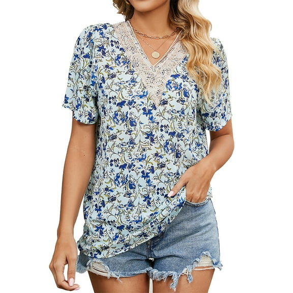 XBASW Women's Floral Print Shirts V Neck Lace Splicing Blouses Short Sleeve Summer Chiffon Shirts Tops for Womens S-2XL