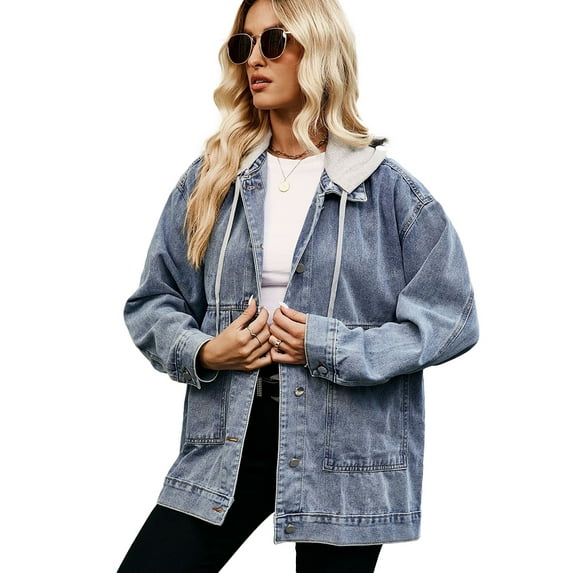 XBASW Women's Hooded Denim Jacket Oversized Long Sleeve Jean Jacket Vintage Top Coat with Detachable Hood S -XXL
