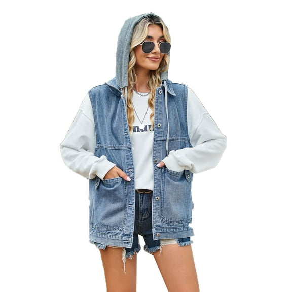 XBASW Women's Hooded Denim Vest Summer Jean Waistcoat Summer Loose Sleeveless Jacket S-XL