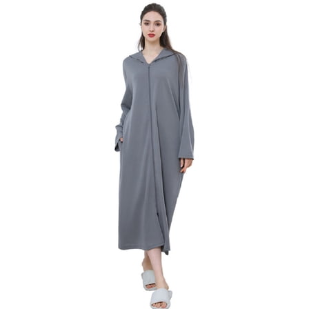 XBASW Women's Mens Long Robe Hooded Bathrobe Zipper Bath Towel Couple Full Length Solid with Pocket Sleepwear M-XL