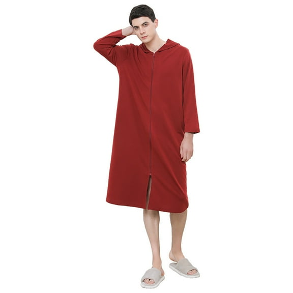 XBASW Women's Mens Long Robe Hooded Bathrobe Zipper Bath Towel Couple Full Length Solid with Pocket Sleepwear M-XL
