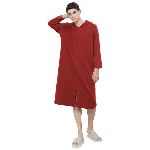 XBASW Women's Mens Long Robe Hooded Bathrobe Zipper Bath Towel Couple Full Length Solid with Pocket Sleepwear M-XL
