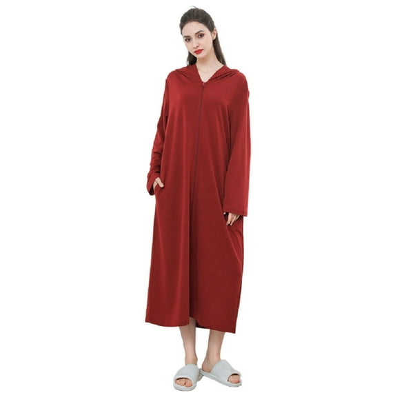 XBASW Women's Mens Long Robe Hooded Bathrobe Zipper Bath Towel Couple Full Length Solid with Pocket Sleepwear M-XL